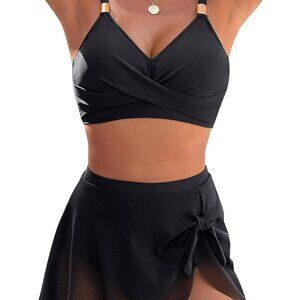 Women's High Waisted Bikini Set Gold Metal Black XL